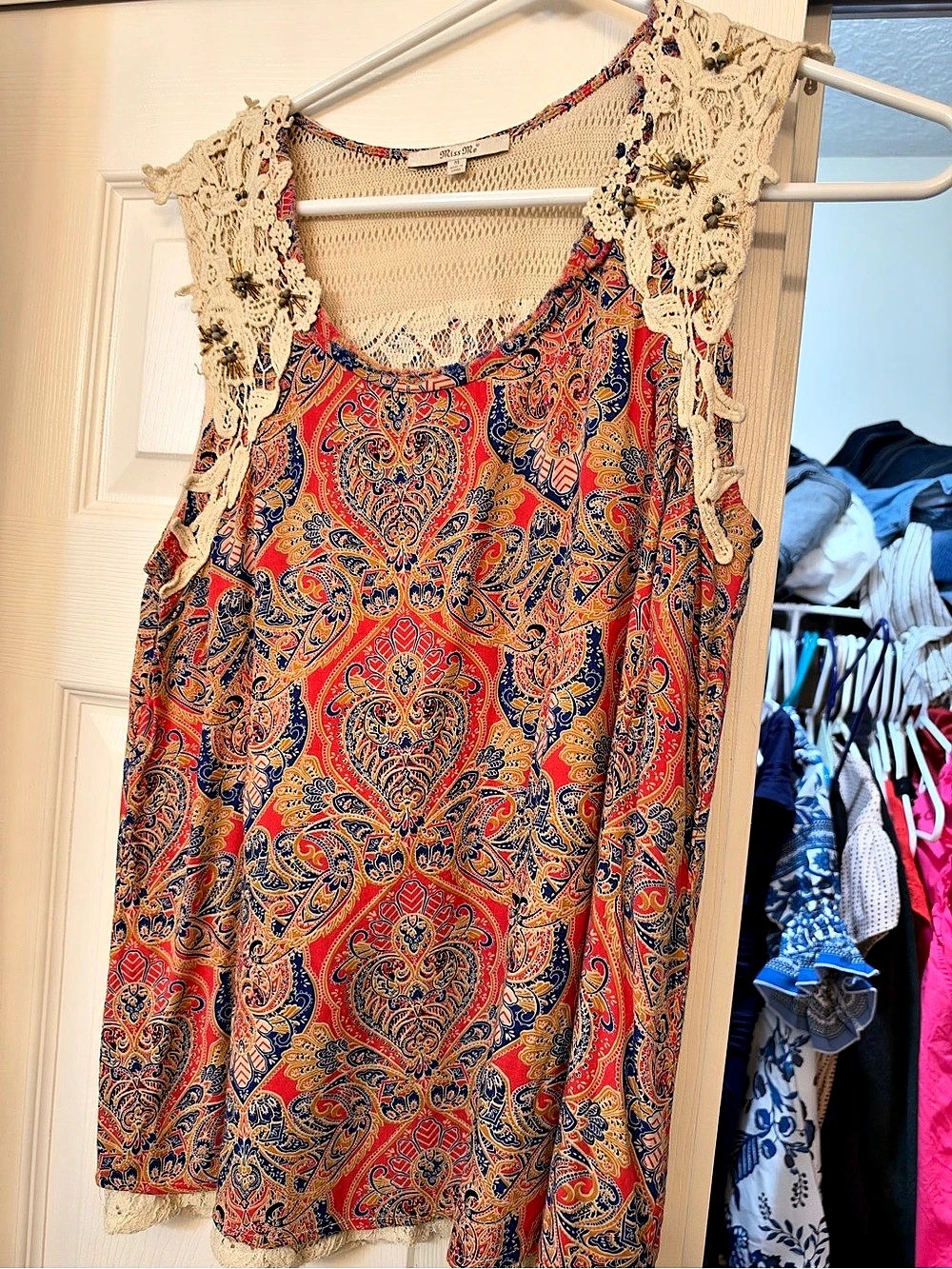 Miss Me Paisley Lace Trim Tank Top in Red & Orange Size Medium